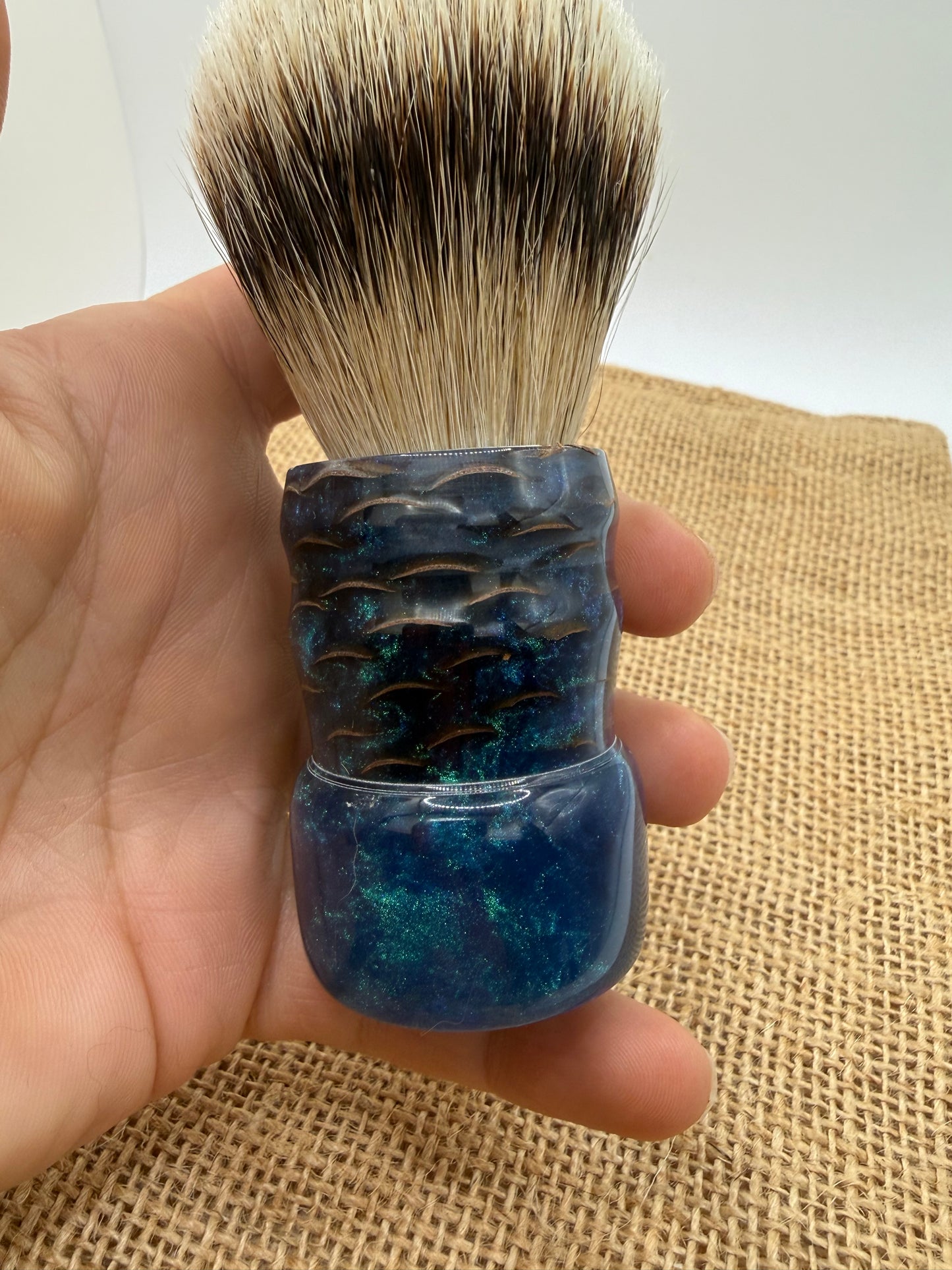 Unique Pine Cone Shave Brush - Silvertip Badger 26mm, Stabilized Cone + Swirling Blue Resin