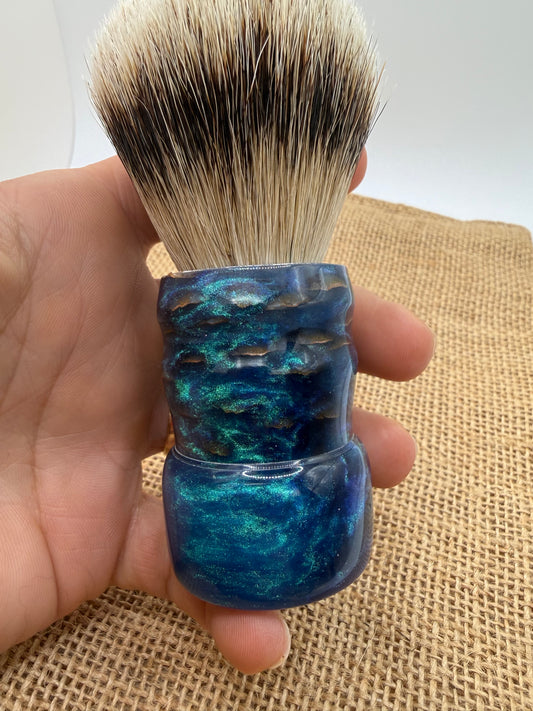 Unique Pine Cone Shave Brush - Silvertip Badger 26mm, Stabilized Cone + Swirling Blue Resin
